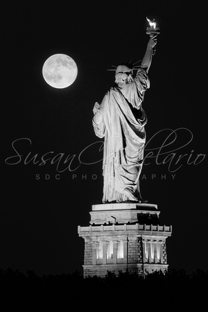 Statue Of Liberty Supermoon BW-